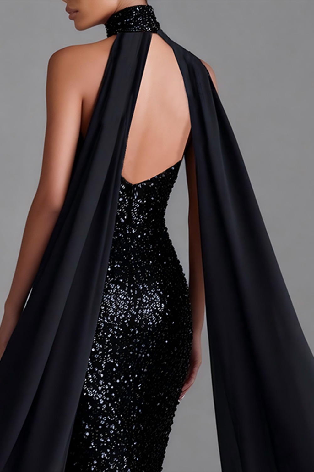 Sparkly Black High Neck Sheath Backless Maxi Formal Dress with Cape